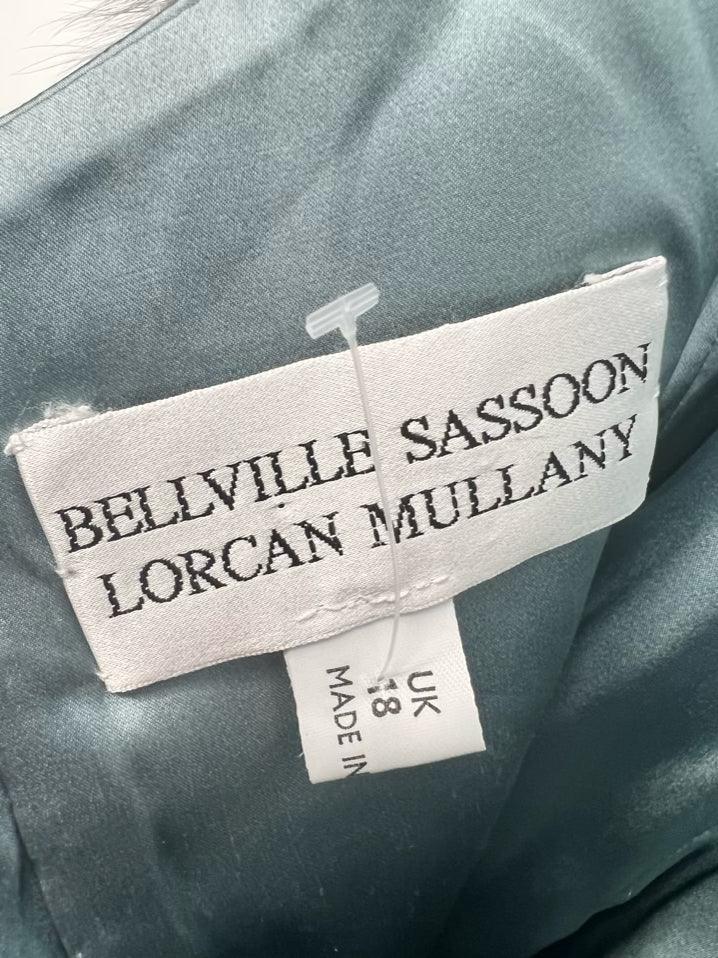 BELLVILLE SASSOON by LORCAN MULLANY Size 10 Ice Blue Fox Fur Silk Evening Gown
