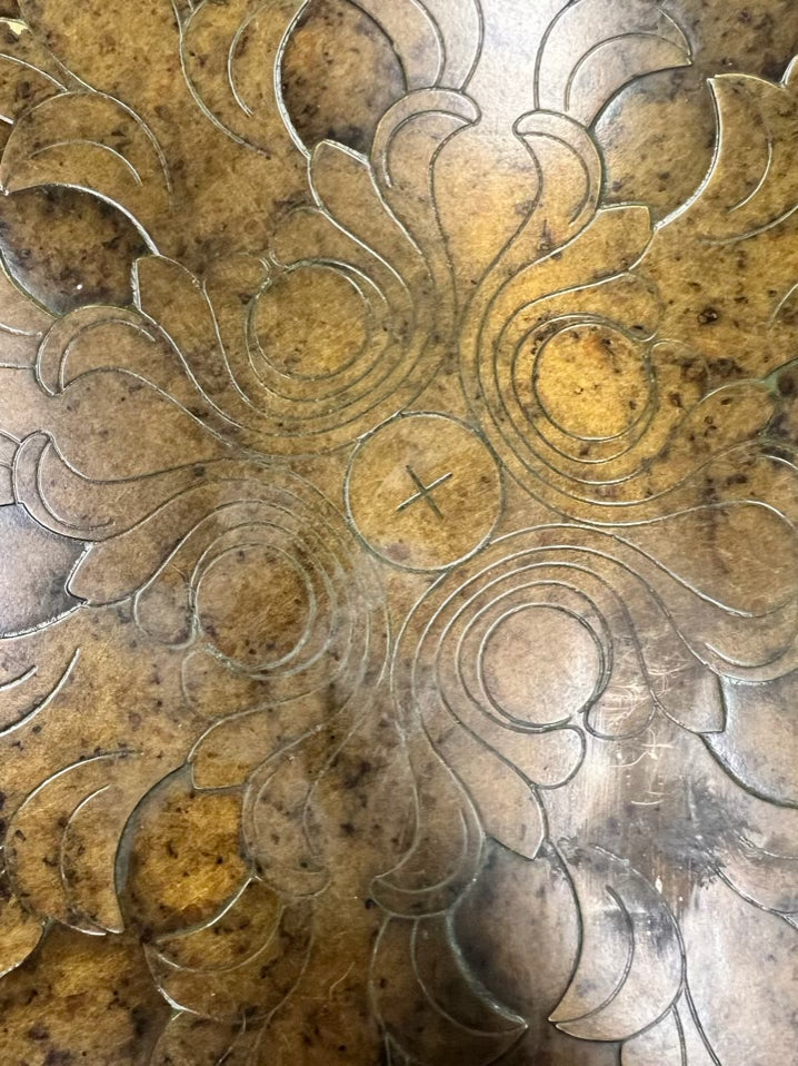 Brown Metal Occasional Table w/ Embossed Design on Table Top