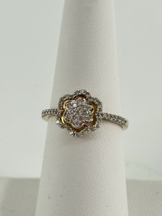 STERLING SILVER Gold Tone Clear Stone Floral Engagement Ring