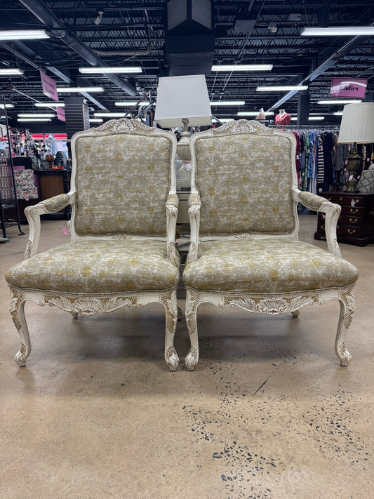 Cream & Gold Fauteuil Upholstered Pair of Chairs