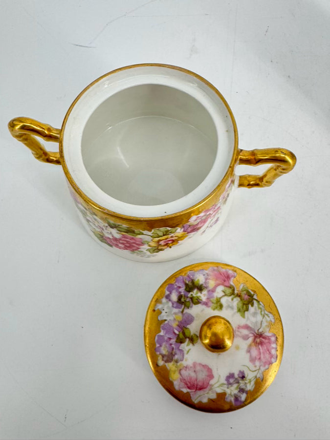 LIMOGES Pink, Purple & Gold Floral Porcelain Cream & Sugar