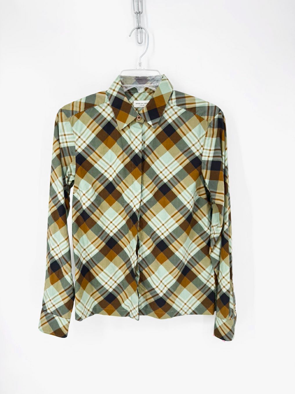 DRIES VAN NOTEN Wmn's Size 38 Sage & Brown Cotton Plaid Blouse
