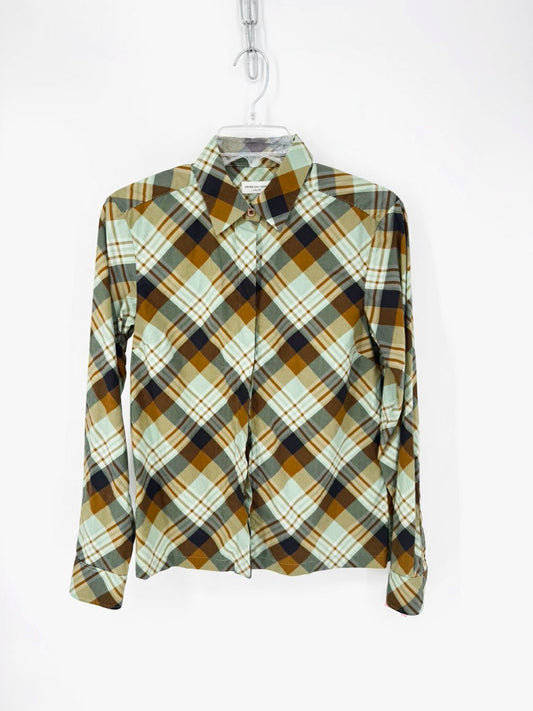 DRIES VAN NOTEN Size 38 Sage & Brown Cotton Plaid Blouse