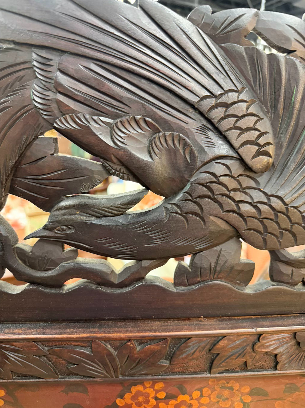 Black & Cream Oriental Carved Birds & Flowers 2 Panel Screen