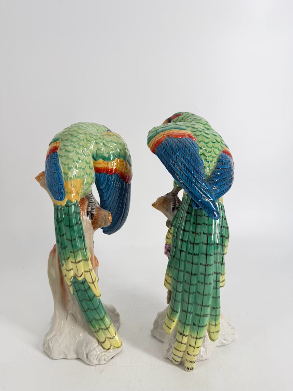 JEANNE REED Green , Pink & Blue Porcelain Pair Of Parrot Figurines