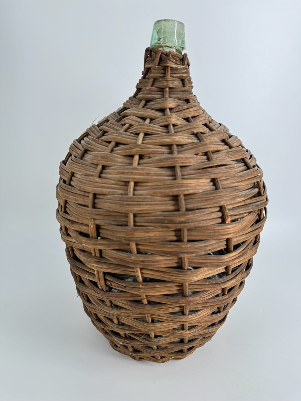 VINTAGE Brown & Green Wicker & Glass Wine Bottle Woven Carrier