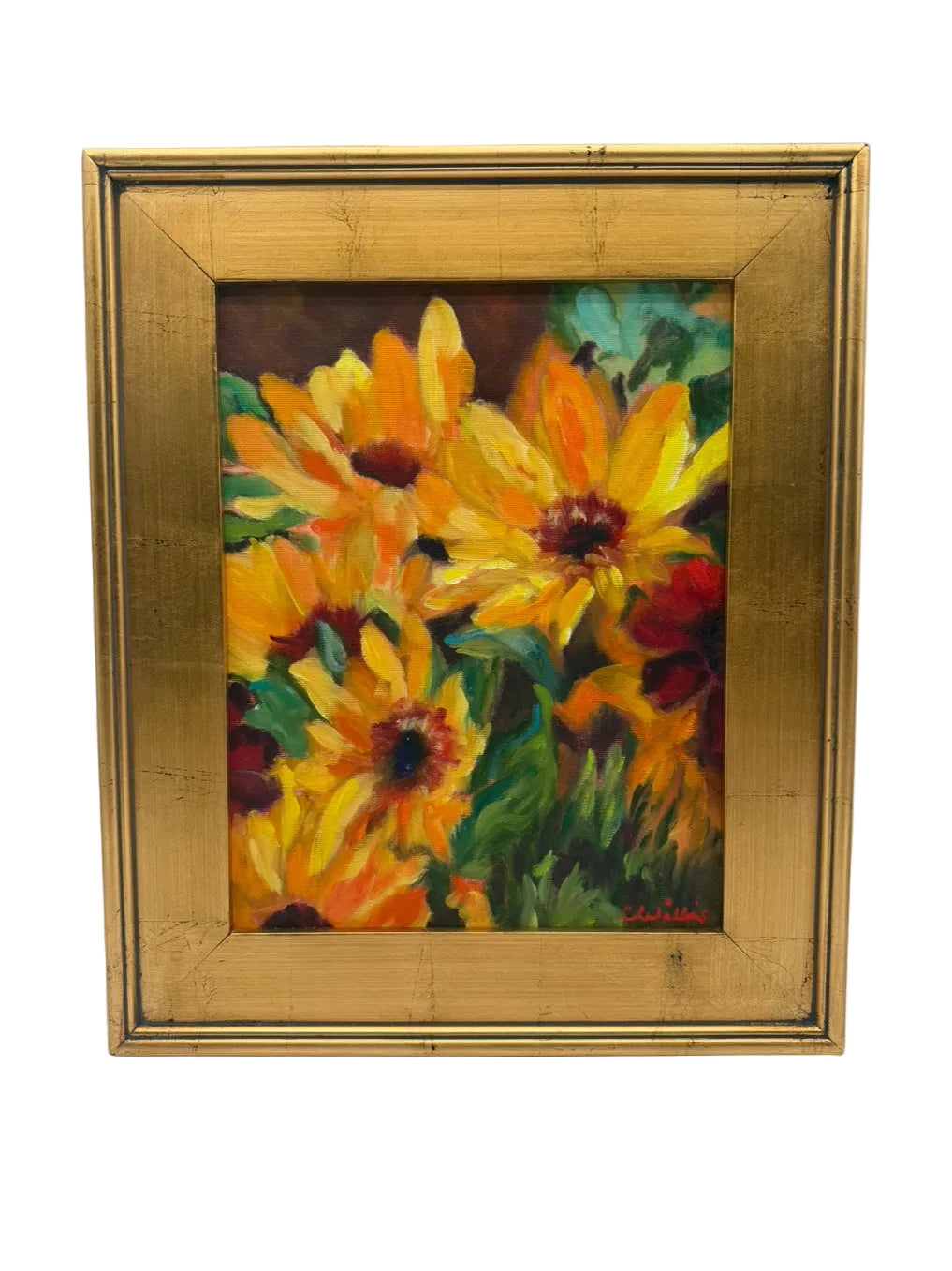 SIGNED CAROL WILLIS Black Eyed Susan's Oil Painting In Gold Frame