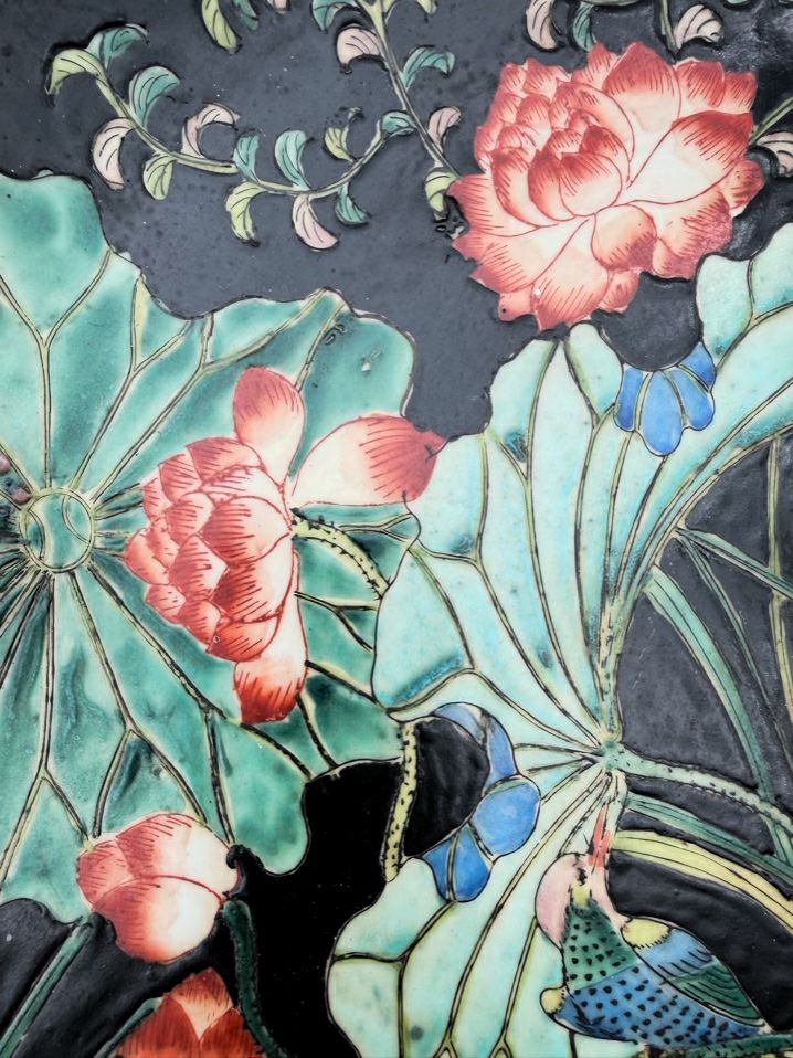 CHINOISENE Porcelain Green & Black Large Shallow Bowl w/ Lotus Pond Scene