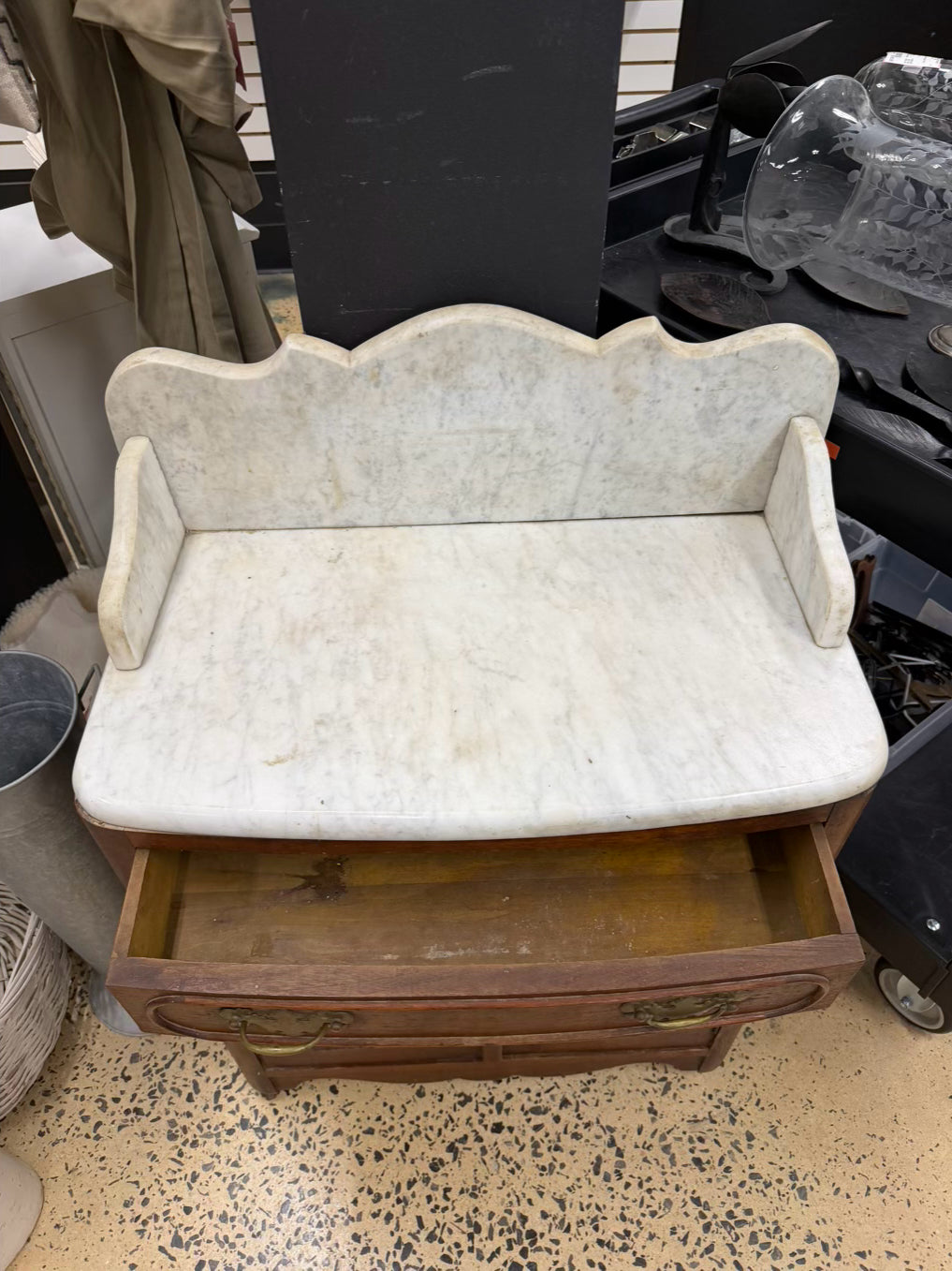 ANTIQUE Dark Brown Wood Wash Stand w/ Marble Top
