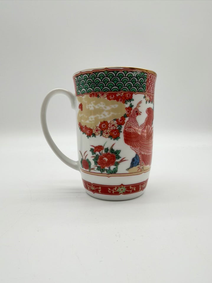 GUMPS Rust, White & Green Porcelain Set Of 12 Peacock Mugs