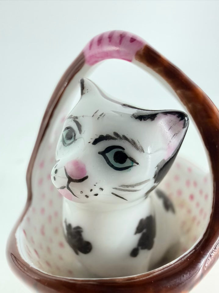 Limoges Black & White Porcelain Cat In Basket Trinket Box