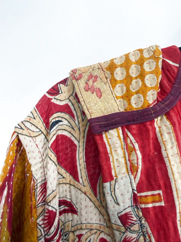 KANTHA BAE Size Wmn's Free Size Red/Beige Hooded Open Front Floral Coat