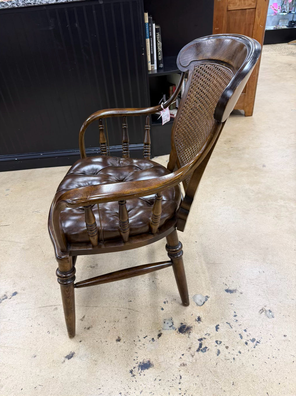 CENTURY Wood Captain Cane Back Chair w/ Brown Leather Seat