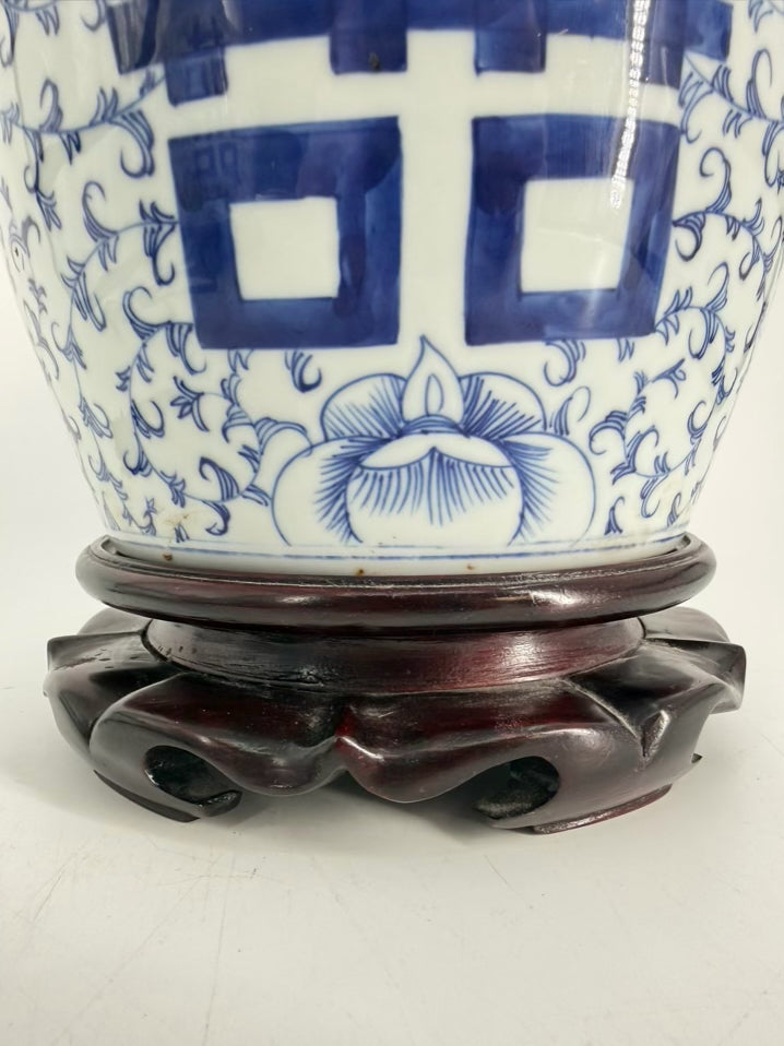 Blue & White Oriental Inspired Ceramic Ginger Jar Pair of Lamps w/ No Shades
