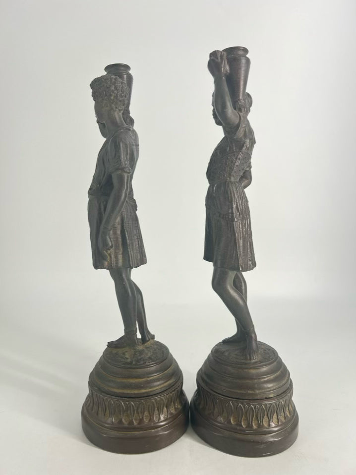 Spelter Man & Woman Figurines Pair of Candlestick Holders