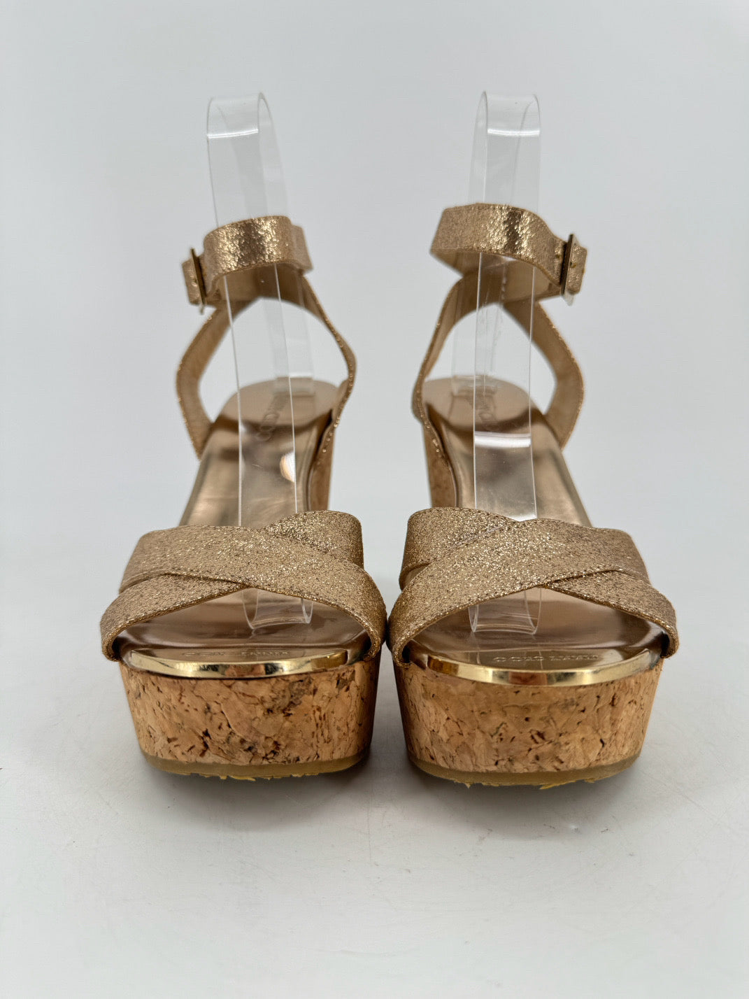JIMMY CHOO Size 35 Champagne Glitter Cork Wedge Sandals