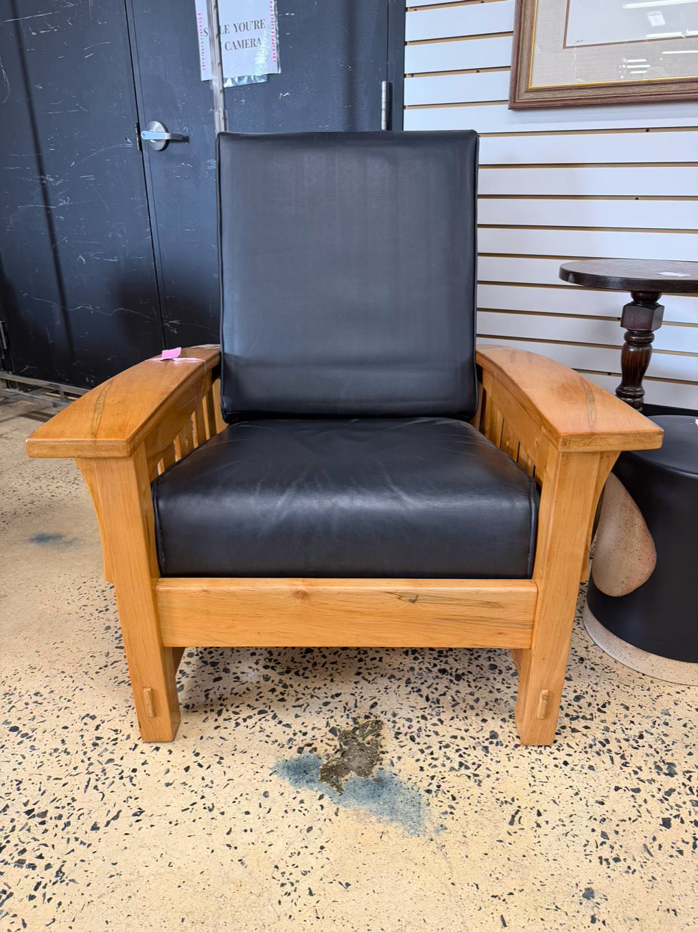 HAND CRAFTED Light Maple William Morris Style Chair w/ Black Leather Cushions