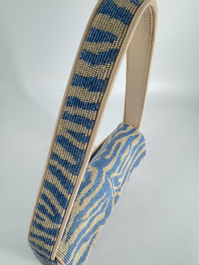 STAUD Blue & White Beaded Animal Print Tommy Purse