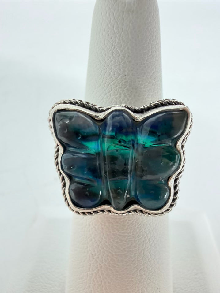 SARDA BALI STERLING SILVER Blue & Green Glass look Butterfly Ring