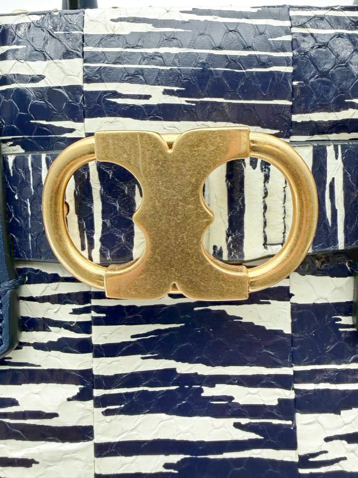 TORY BURCH Gemini Link Blue & White Snakeskin Tote