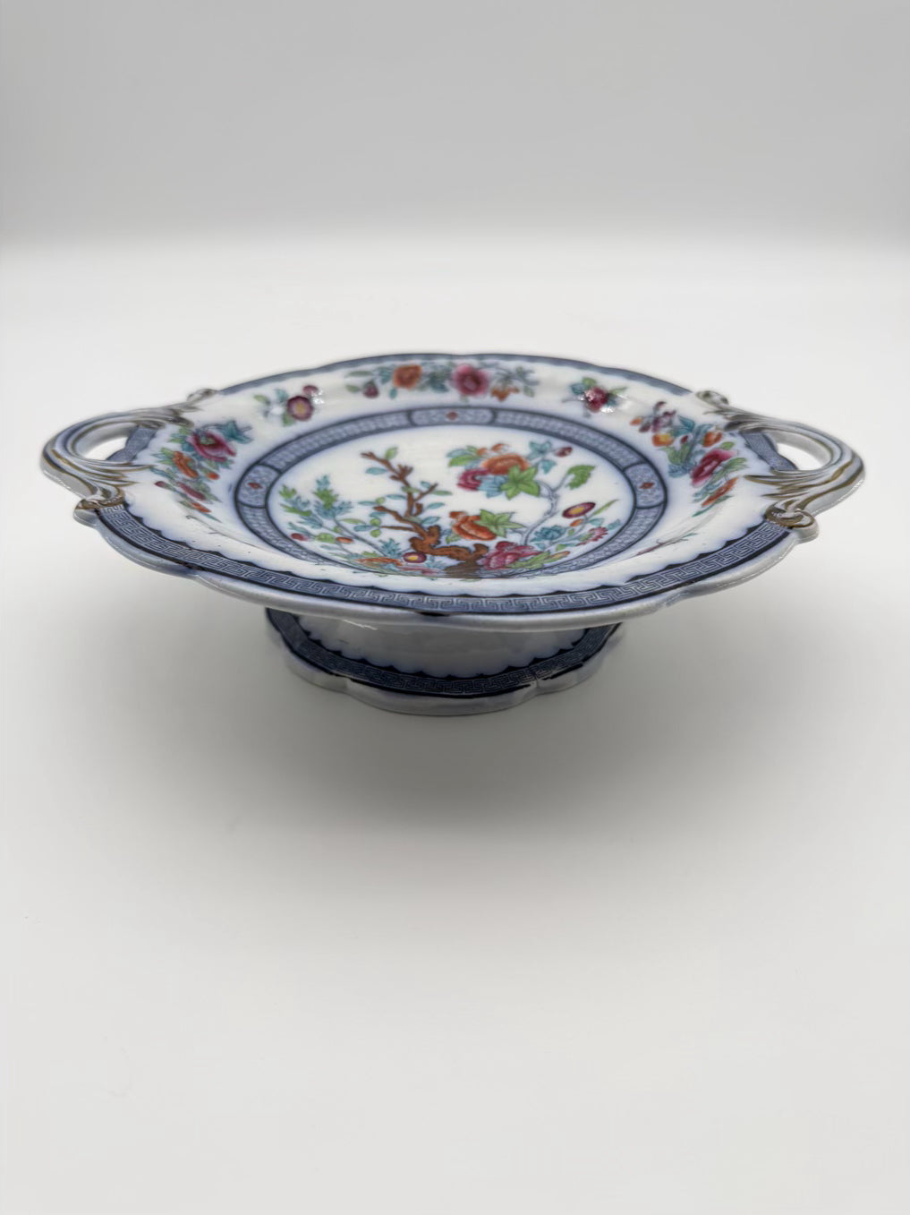 Blue, White & Pink Porcelain Floral Decorative Footed Plate