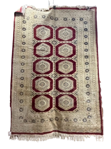 TURKISH Burgundy & Cream Wool Jaldar Fringe Area Rug