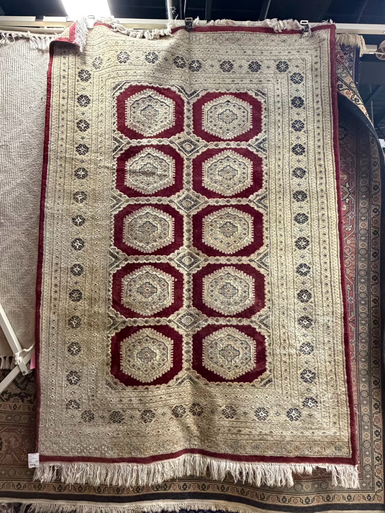 TURKISH Burgundy & Cream Wool Jaldar Fringe Area Rug