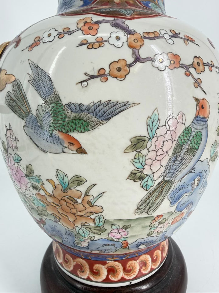 Blue, White & Rust Oriental Porcelain Birds Lamp No Shade