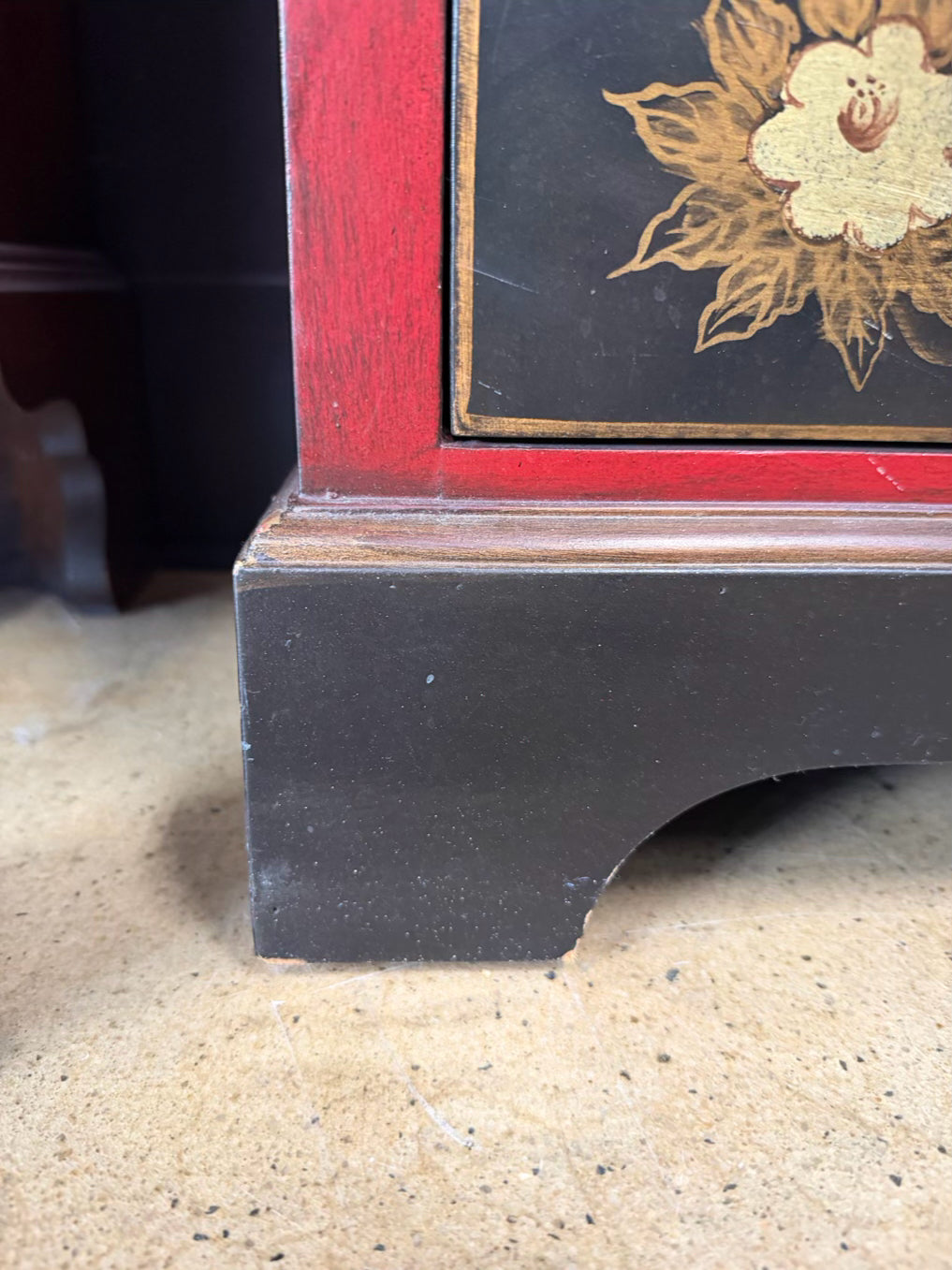 Black & Red Asian Inspired Painted Cabinet w/ 2 Drawers