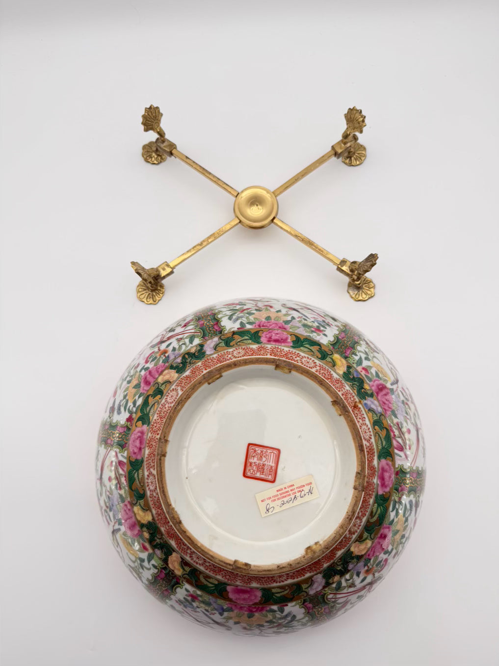 Rose Medallion Porcelain Large Bowl w/ Brass Bowl Holder