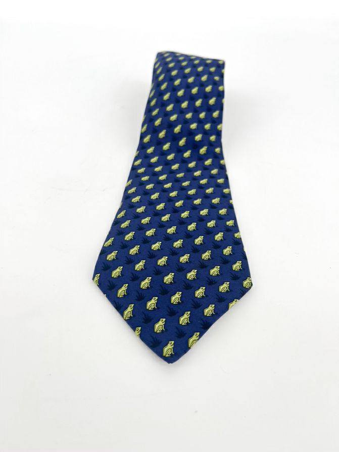 HERMES Blue & Green Frog Motif Silk Tie