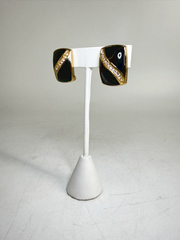 VINTAGE CHRISTIAN DIOR Black Gold Tone Rhinestone Clip On Earrings