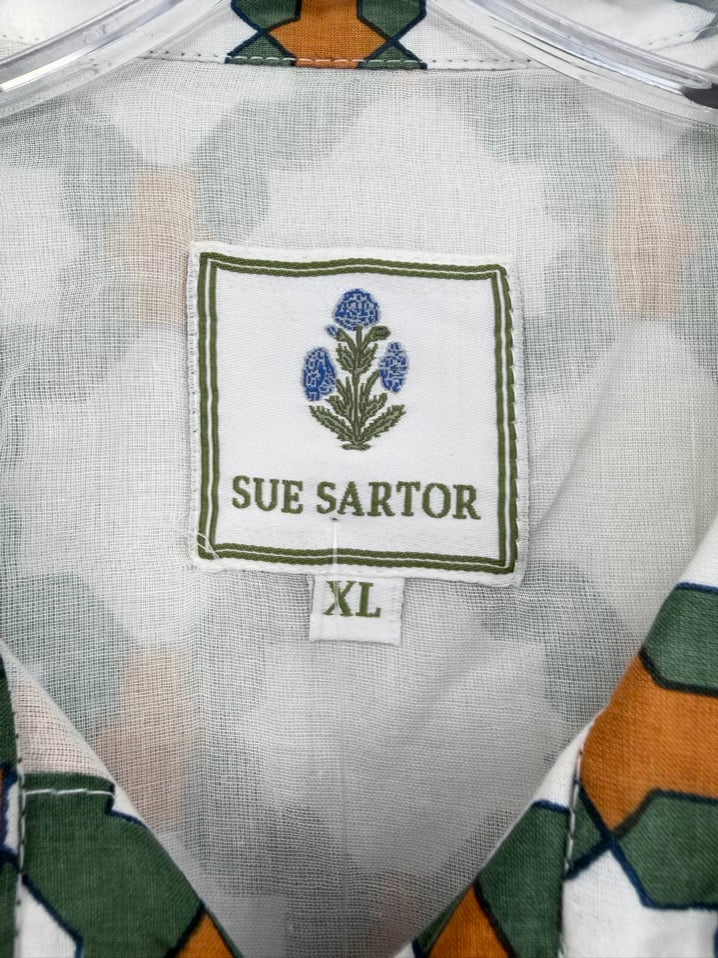 SUE SARTOR Size XL Green & Cream Print Belted Midi-Dress NWT