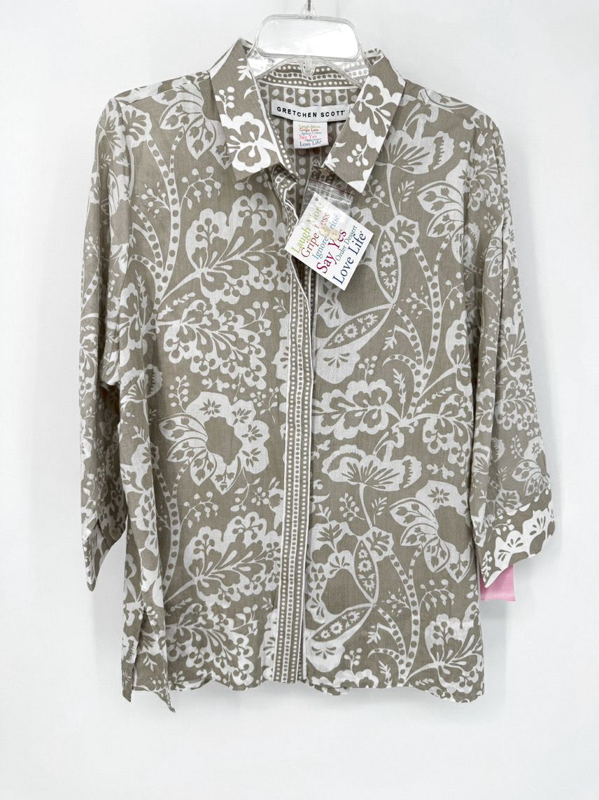 GRETCHEN SCOTT Size L Taupe Print Comfy Cozy Flora Blouse NWT