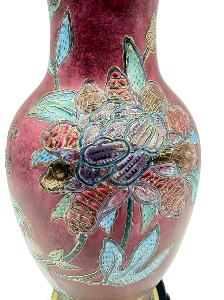 Burgundy & Blue Porcelain Jar Asian Inspired Lamp On Brown Wooden Base