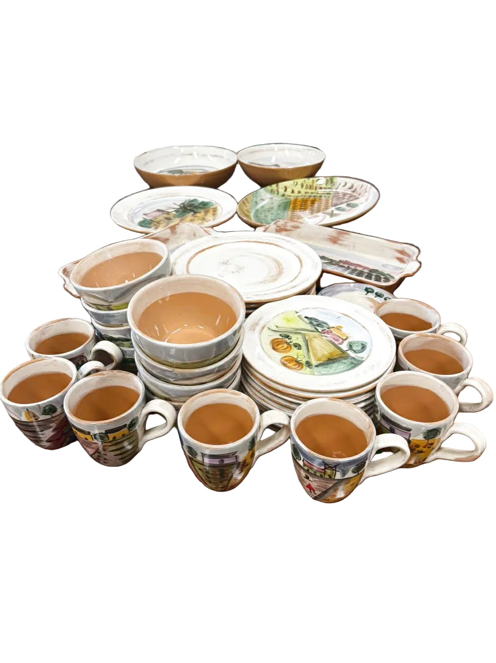 VIETRI Tan, Gold, Rust, Green Pottery 4 Piece Dinnerware Setting for 8 w/ Serving Dishes