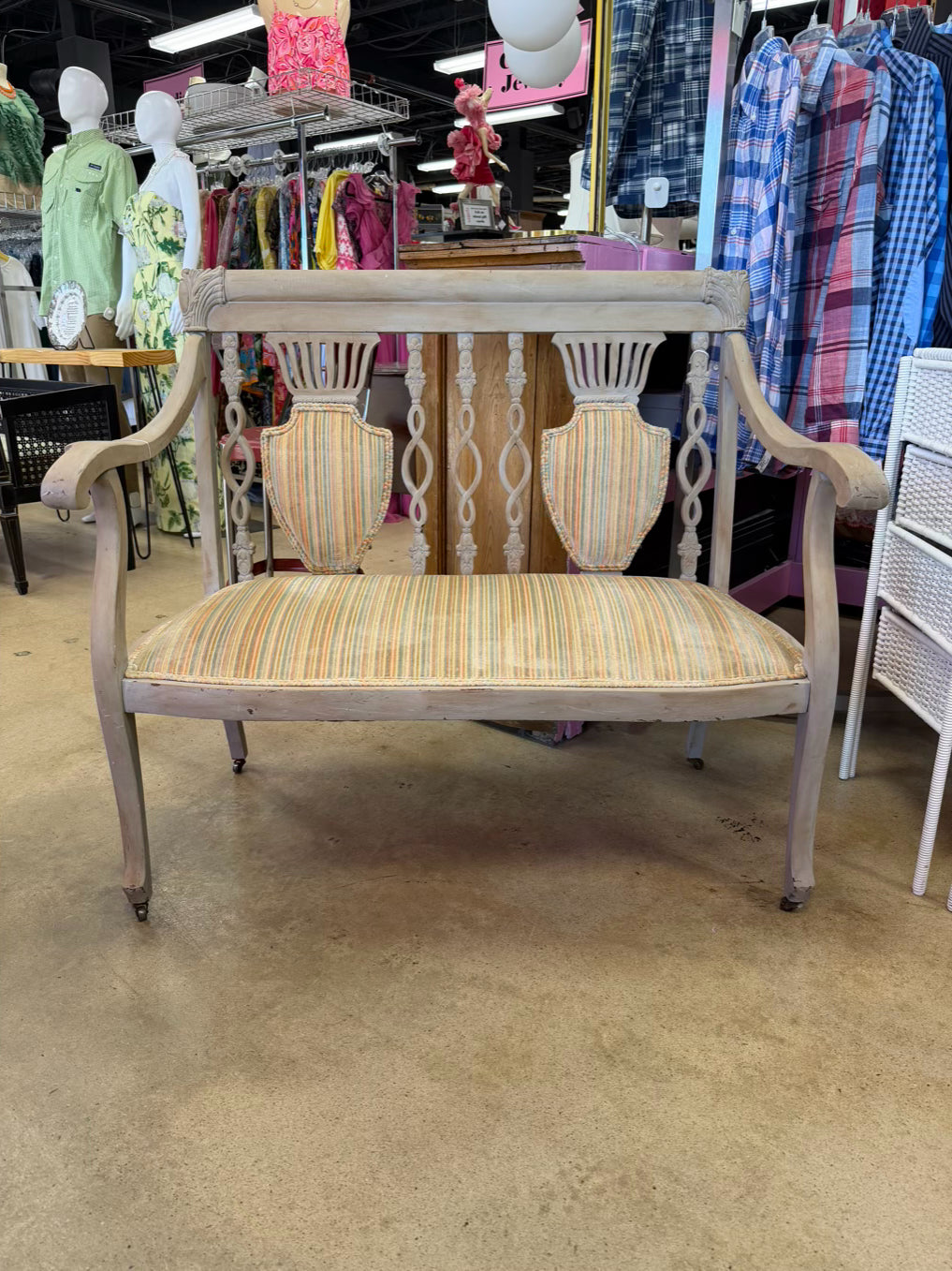 VINTAGE Gray Wood Painted French Bench
