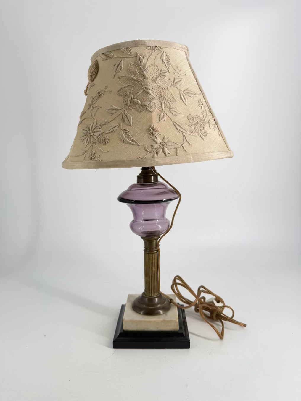ANTIQUE Purple Glass, Brass, & Marble Lamp w/ Needlework Shade