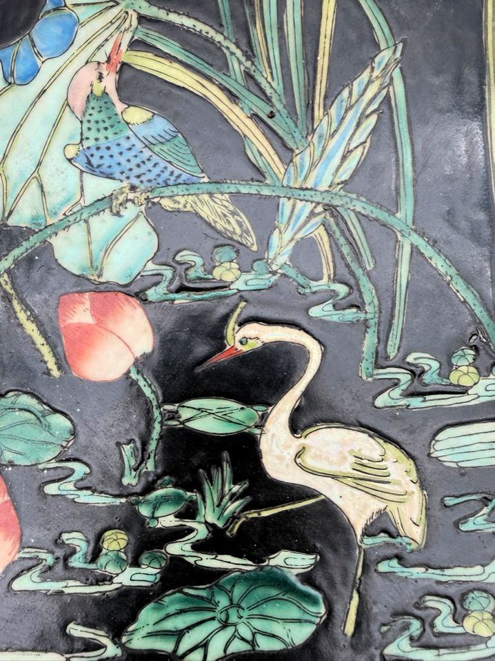 CHINOISENE Porcelain Green & Black Large Shallow Bowl w/ Lotus Pond Scene