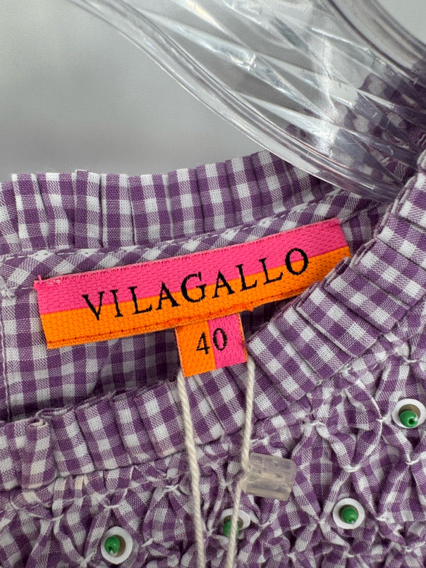 VILAGALLO Size 40 Purple & White Check Beaded Detail Katie Top NWT