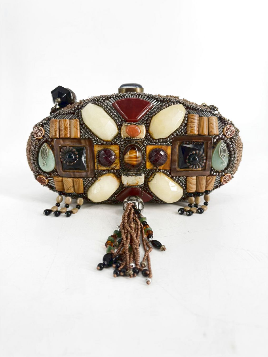 MARY FRANCES Beaded Tan, Brown & Teal Carmel Macchiato Gemstone Purse NWT