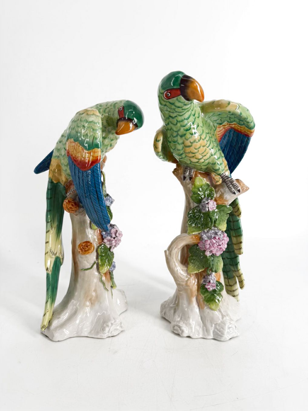 JEANNE REED Green , Pink & Blue Porcelain Pair Of Parrot Figurines
