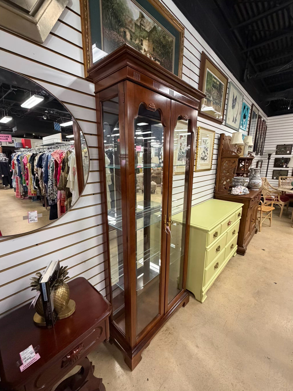 AMERICAN MARTINSVILLE Wood Display Case w/ Light & Glass Shelves
