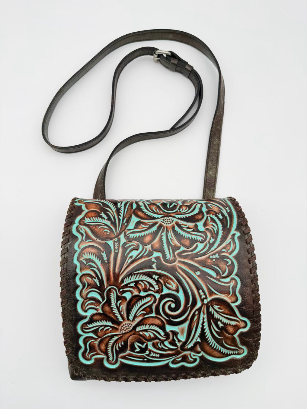 PATRICIA NASH Granada Brown & Blue Tooled Leather Crossbody Bag