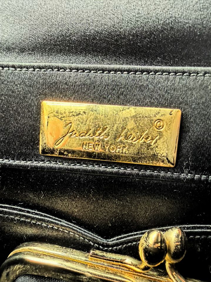 JUDITH LEIBER Black Satin Evening Bag w/ Gold Tone Heart Clasp