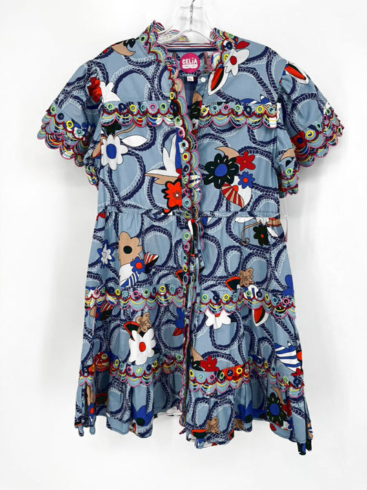 CELIA B Size XL Blue & Multi-Color Scallop Design Dress