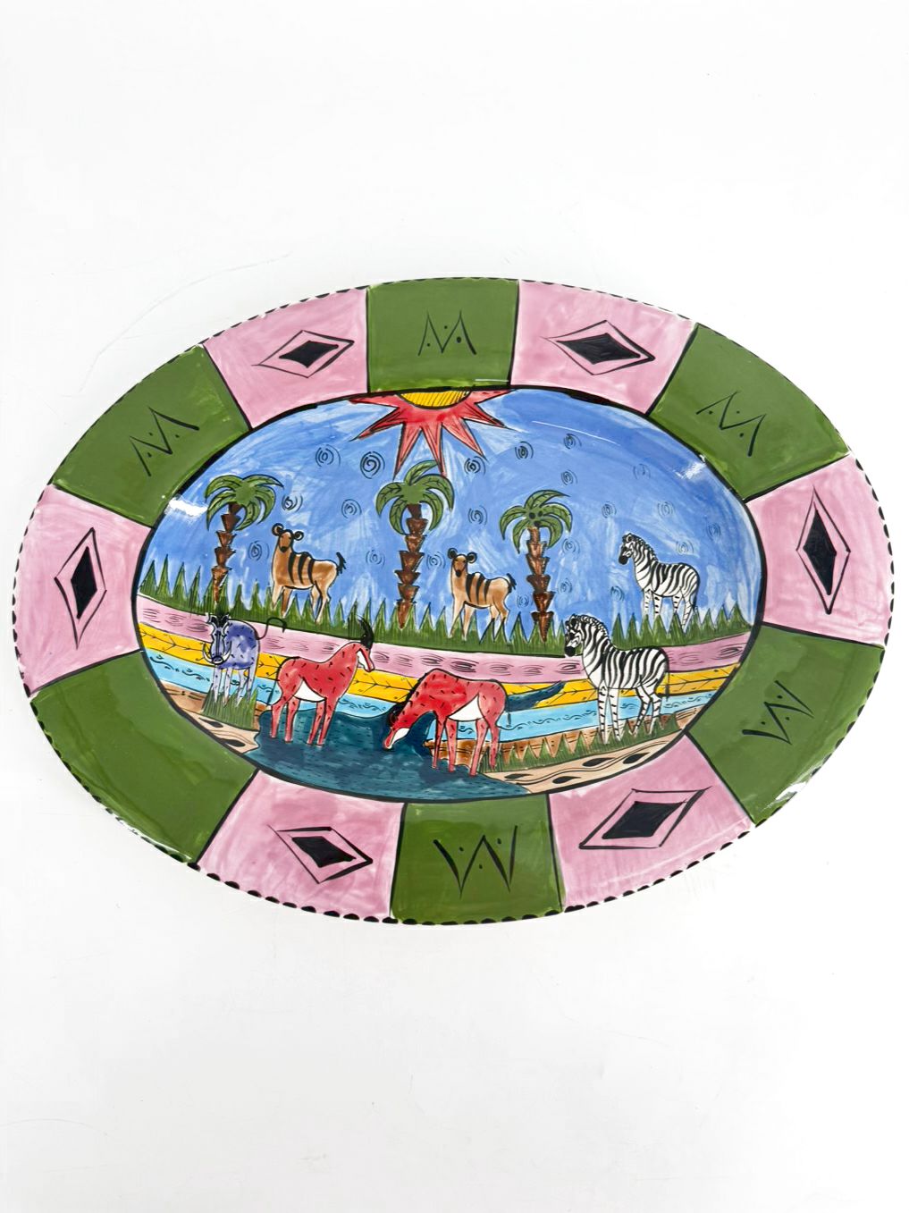 ZIMBABWE Multi Colored Hand Painted Jungle Animals Ceramic Platter