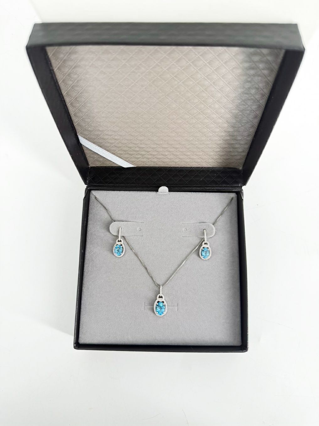 STERLING SILVER Blue Topaz & Diamond Oval Necklace & Earring Set