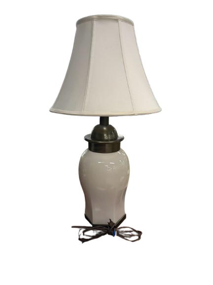 Cream Ceramic Lamp w/ Brushed Gold Trim & Ivory Shade