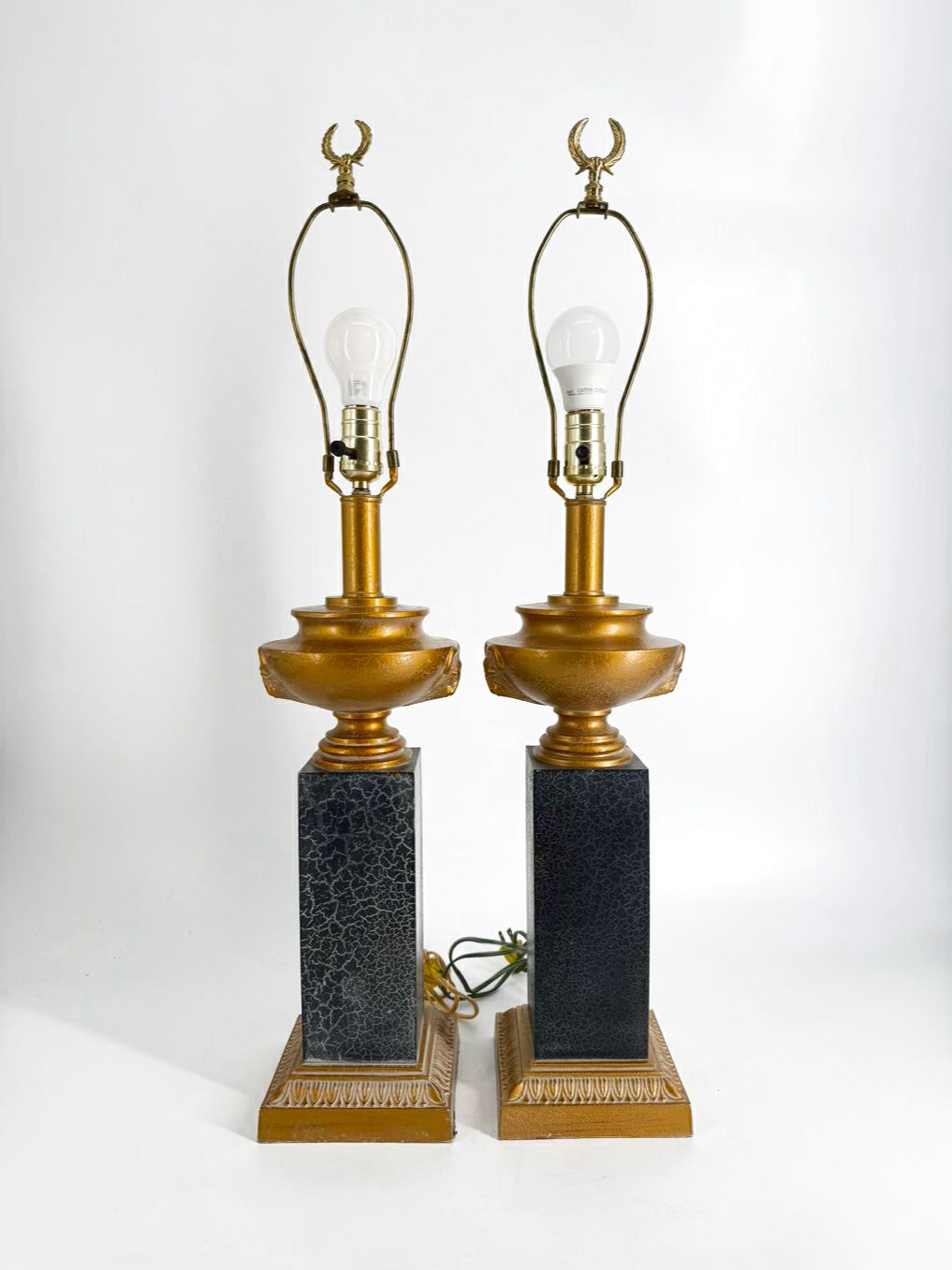 Black & Gold Column Pair Of Lamps w/ Rams Head Design No Shades